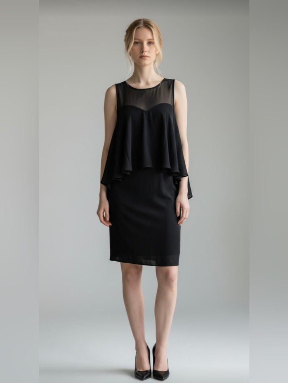 NWT! KARINA! BLACK CHIFFON LAYERED, HI-LO TOP SECTION, FLOWY DREAMY DRESS! SZ 10